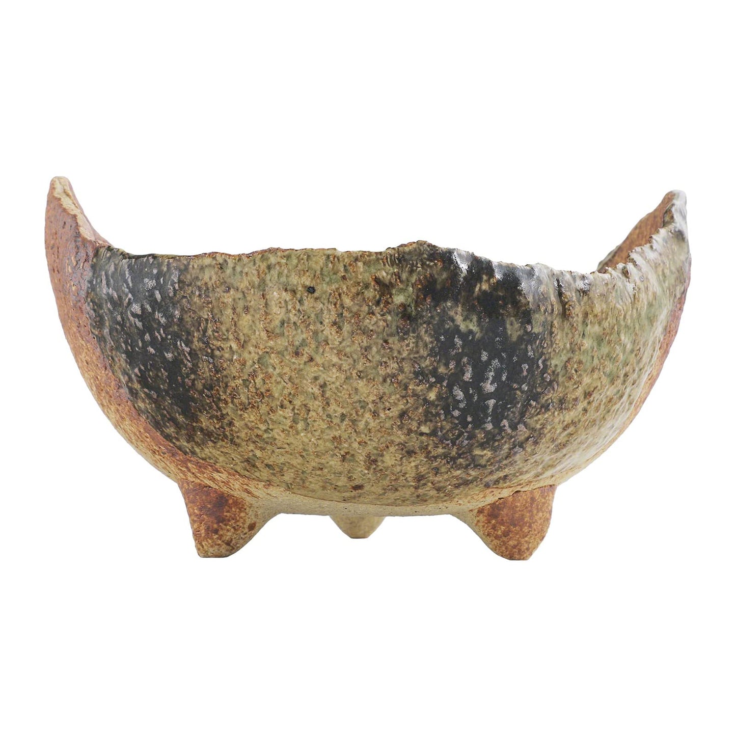 Wazakura Banko Series Japanese Handmade Rustic Crescent Shape Bonsai Pot 4.72 in (120 mm), Made in Japan Ceramic Garden Planter, Decorative Flower Vase, Unglazed Houseplant Bowl - Sand Green