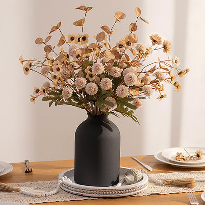BLOSMON Beige Faux Flowers in Vase: Metal Vase with 12 Stems of Fake Mums Wax Eucalyptuses for Dining Table Centerpiece Decor - Artificial Silk Kiku Pom Poms Wild Farmhouse Floral Arrangements