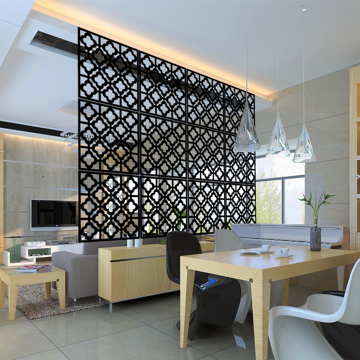 Stepstall 12 Pcs PVC Hanging Room Divider,Thick Decorative Flower Design Room Divider Partitions Panel Screen for Decorating Bedroom Dining Kitchen Office Studio Restaurant Hotel Decor