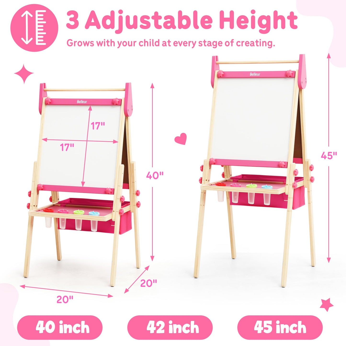 Belleur All-in-One Art Easel for Kids, Adjustable Double Sided Easel for Toddlers with Magnetic Whiteboard & Dry-Erase Chalk Board & Paper Roll, Child Painting Easel for Kid 2-8 Birthday Gift - Pink