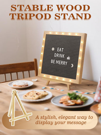 Changeable Felt Letter Board with LED Lights - 10×10" Message Custom Signs & Wood Stand & 450 Letters, Poster Board for Baby/Pregnancy Announcement/Classroom Wall Decor Gifts First Day of School, Grey