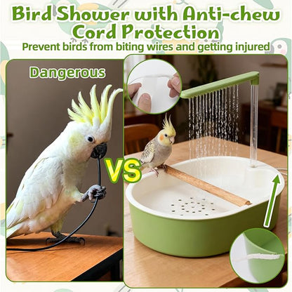 Parrot Shower for Cage, Automatic Parakeet Bird Bath with Circulating Water, USB Charging Quiet Pump Detachable Bathtub, for Small & Medium Birds Budgie, Cockatiel, Lovebird, Conure, Parrotlet, Quaker
