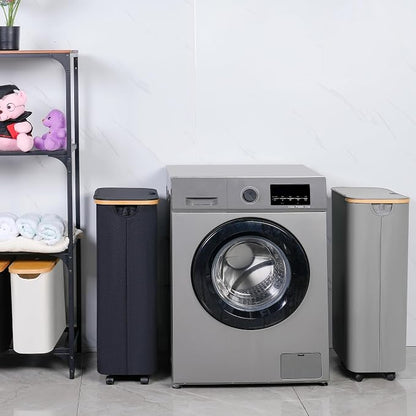 Laundry Hamper with Wheels,75L Laundry Basket with lid Rolling Clothes Basket Foldable Dirty Clothes Hamper on wheels with Bamboo Frame and Bag for Bedroom, Dorm, Laundry Room,Black(20 Gal)