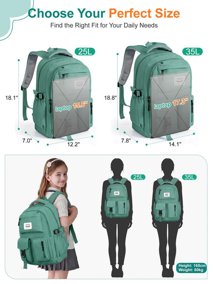 FIORETTO School Backpack for Teen Girls & Women with Compartment, Lightweight School Bag Bookbag with Multiple Pockets, Ideal for Middle High School, College, Travel, Dark Green 25L