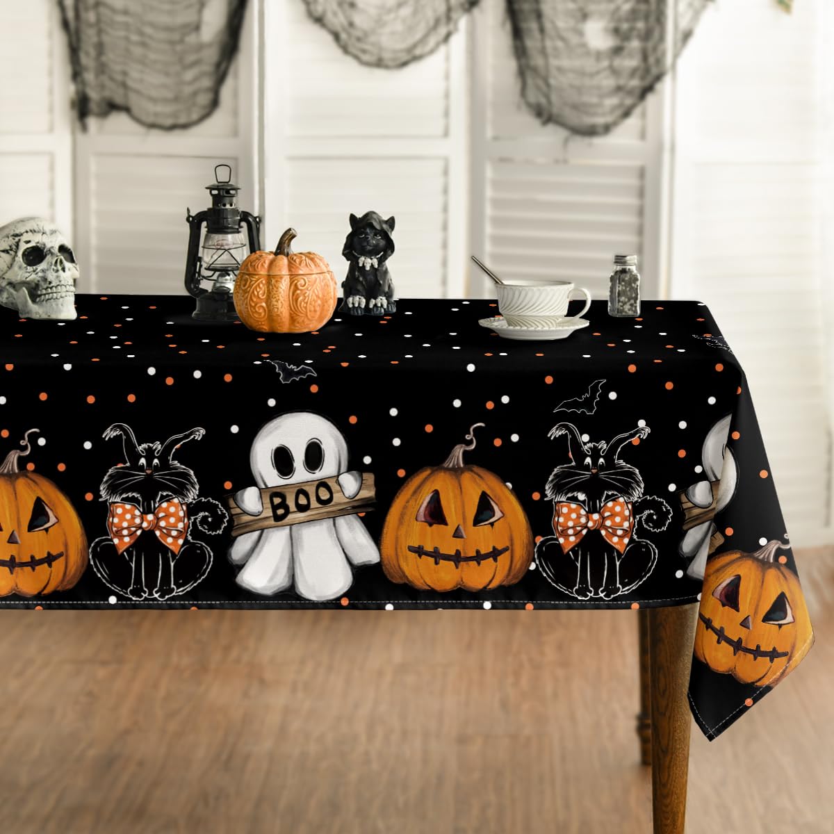 Horaldaily Halloween Tablecloth 60×60 Inch Square, Jack-O-Lantern Ghost Cat Dots Washable Table Cover for Party Picnic Dinner Decor