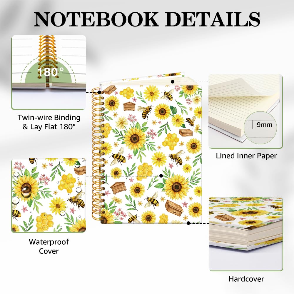 ERHACHAIJIA Sunflower & Bee Hardcover 160 Pages Lined Spiral Notebook, Funny Floral Ruled Journal for Women Flower Lover Bee Lover, Writing and Meditation Notebook Gifts, Mother's Day Birthday Gifts