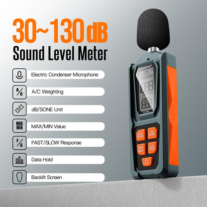 Decibel Meter, Goldeep SL750A Digital Sound Level Meter 30-130dB, A/C Weighted DB Meter with dB/SONE, Fast/Slow, MAX/MIN, LCD Sound Meter for Home, Office, Factory, Neighbor Noise - Vitality Orange