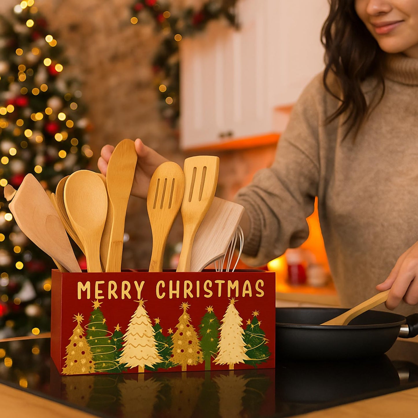 Meanplan Christmas Utensil Holder Christmas Kitchen Decor Extra Large Kitchen Utensils Holder with 4 Compartments for Xmas Farmhouse Indoor Decoration