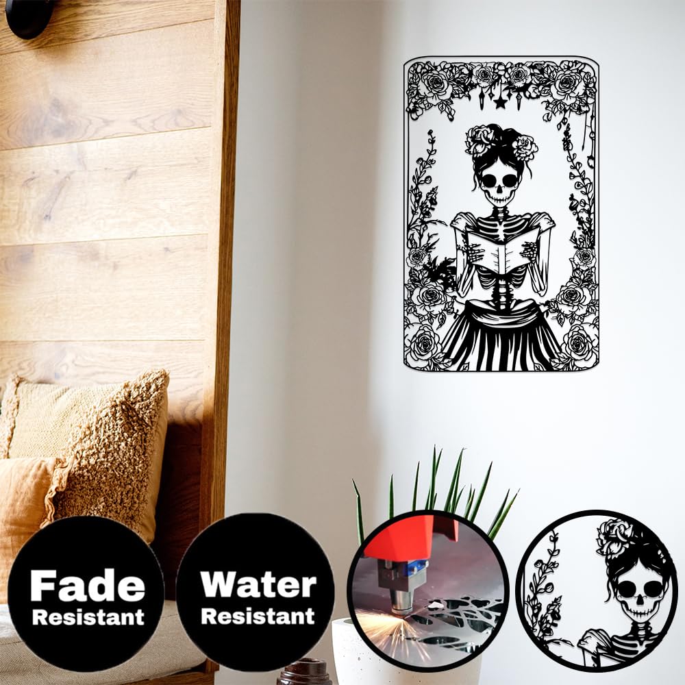 Skull Flower Metal Sign Art Decor,Skull Reading Book Silhouette Signs Wall Hanging Gifts for Birthday Halloween,Female Skeleton Plaque Decorate for Living Room Bedroom Garden Farmhouse Indoor Outdoor