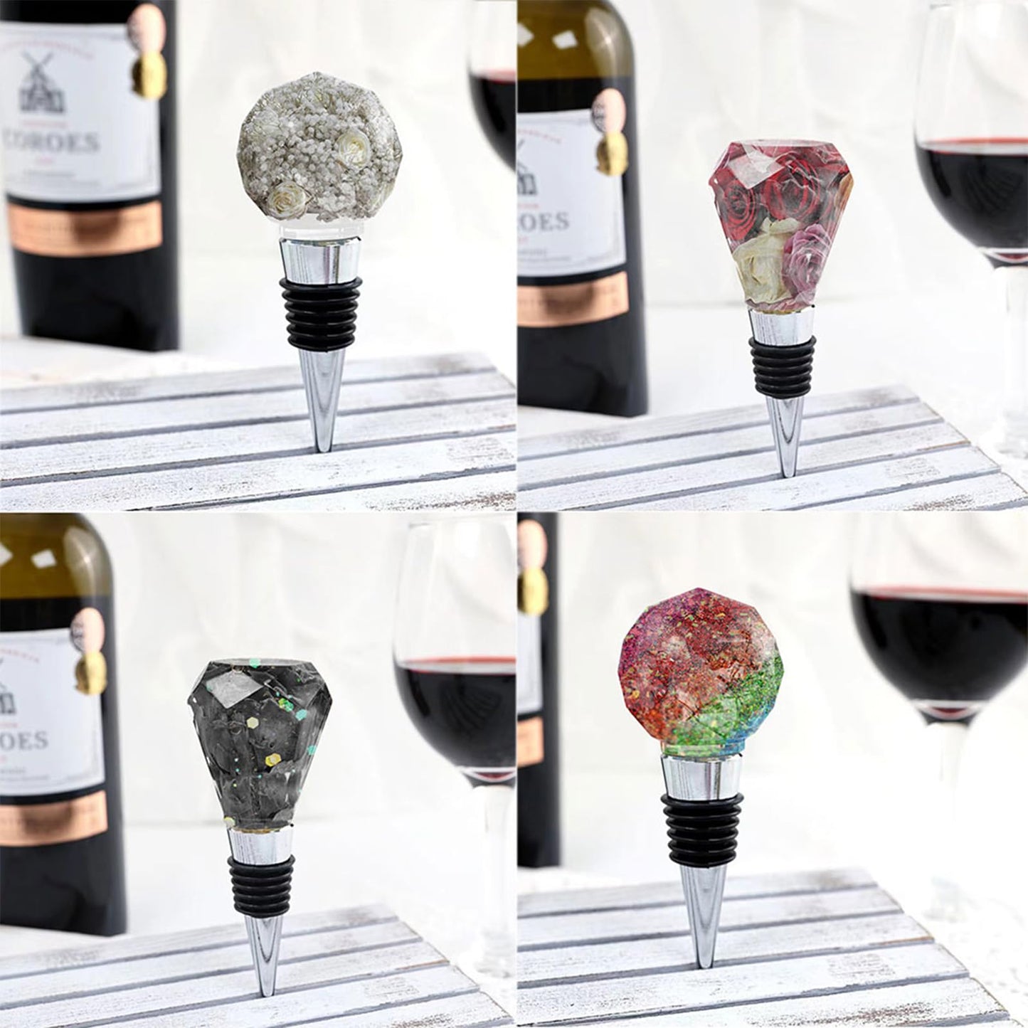 JIOFAVIU 15 Pcs Resin Wine Bottle Stoppers Molds Set, Wine Stopper Silicone Molds for Epoxy Resin (5 Molds and 10 Stoppers with 10 Screws)