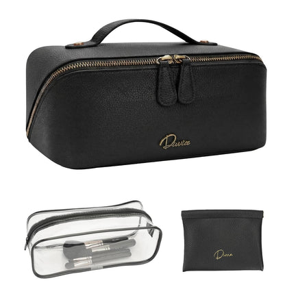 Divvia Travel Makeup Bag Organizer Cosmetic Bag Make up Bags for Women with Handle - Waterproof Vegan Leather Toiletry Bags Travel Essentials Pouch with Compartments (black, Medium)