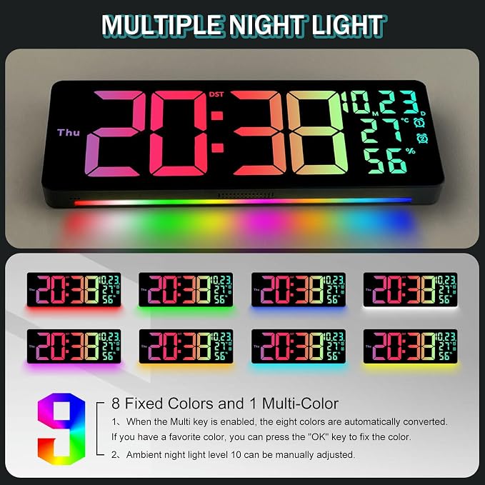 JoFomp 17.3" Large Digital Wall Clock, LED Digital Clock Large Display with Remote Control, Alarm Clock with Temp/DST/Dimmer/Humidity/Timer/Ambient Light - 12/24H, Alarm Wall Clock for Bedroom