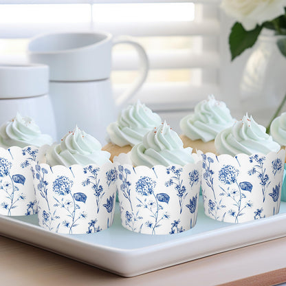JarThenaAMCS 100Pcs Blue Floral Paper Baking Cups Blue White Wildflower Cupcake Wrappers Scalloped Edge Cupcake Muffin Cases for Spring Summer Party Supplies