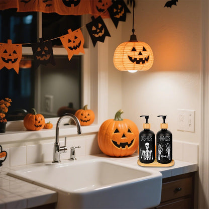 Whaline 2 Pcs Halloween Soap Dispenser Black Spooky Skeleton Hand Glass Soap Dispenser with Pump Refillable Liquid Container for Trick or Treat Home Kitchen Decor