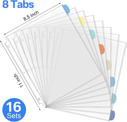 ReliThick 8 Set of 64 Pack Clear Binder Sheet Protectors with Tabs for 3 Ring Binder 8 Tab Binder Dividers with Pockets and Tabs Plastic Page Protector Insertable Index Divider, 8.5 x 11 Inch