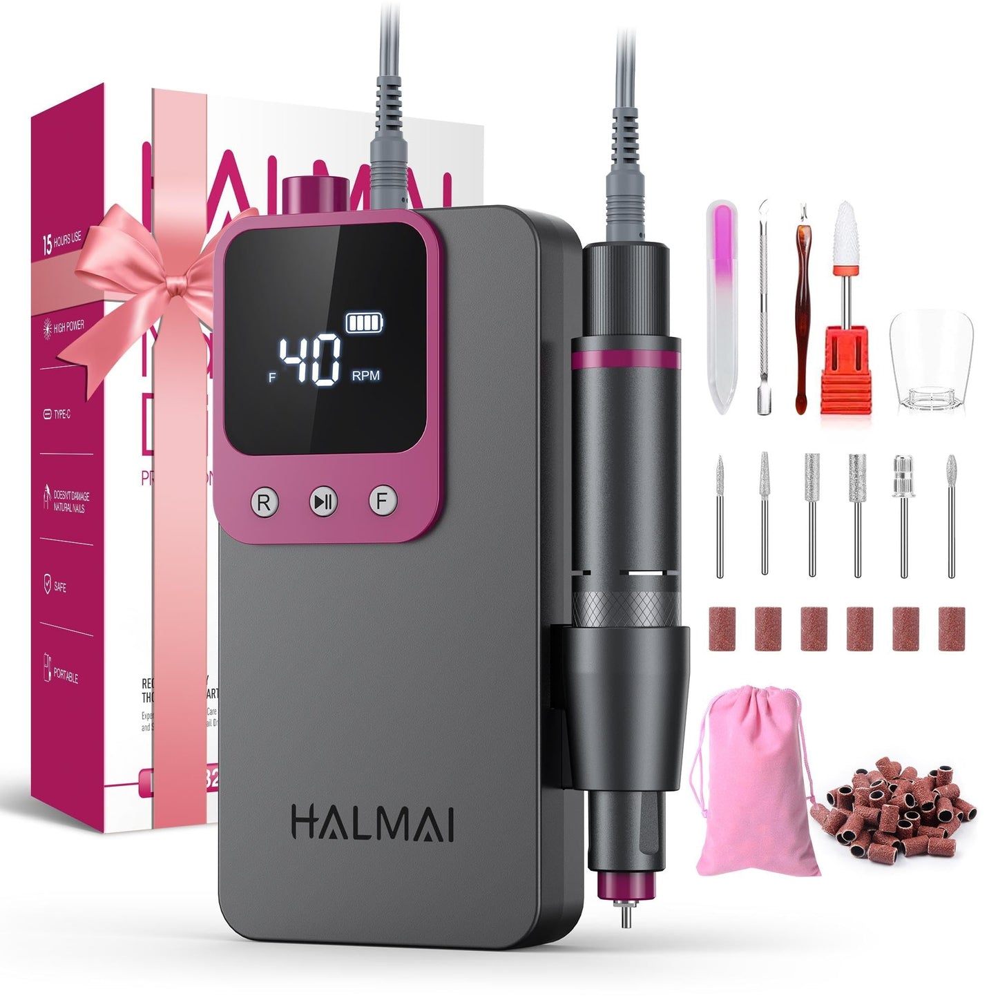 Electric Nail Drill Professional, Portable Nail File for Acrylic Gel Nails, Cordless Rechargeable Ultra Power Nail Drill Kit 40000RPM, HMC320 Salon-Grade Efile Nail Machine (Dark Grey)