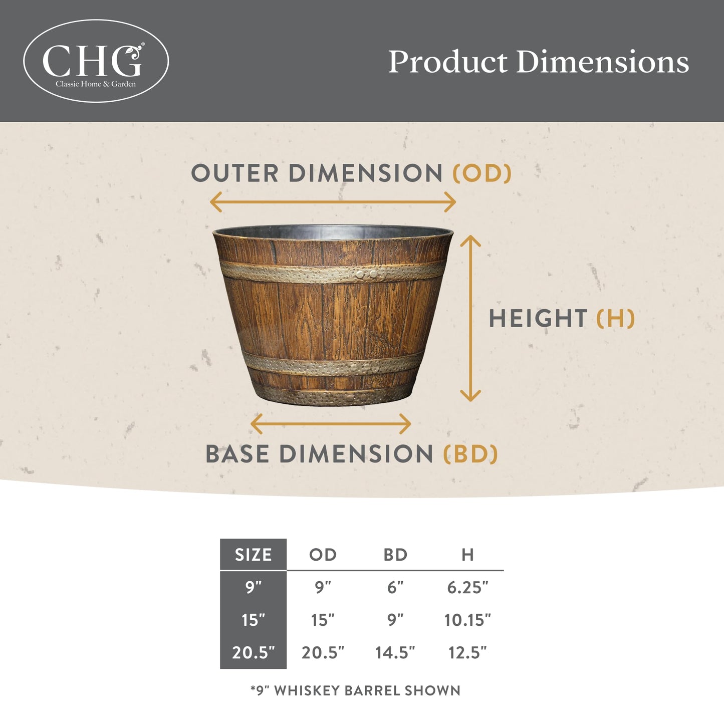 Classic Home & Garden Whiskey Barrel Planters - Wooden Finish Flower Planter Pot - Decorative Garden Pots - Indoor & Outdoor Resin Planters - Weather-Resistant Planting Pots (15” Oak Brown, Pack Of 1)