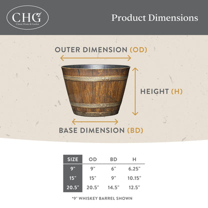 Classic Home & Garden Whiskey Barrel Planters - Wooden Finish Flower Planter Pot - Decorative Garden Pots - Indoor & Outdoor Resin Planters - Weather-Resistant Planting Pots (15” Oak Brown, Pack Of 1)