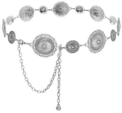 Heyjoin Western Cowgirl Chain Belt for Women Adjustable Fashion Metal Waist Belts for Dresses Jeans Party Country Concert (Flower Silver-L)