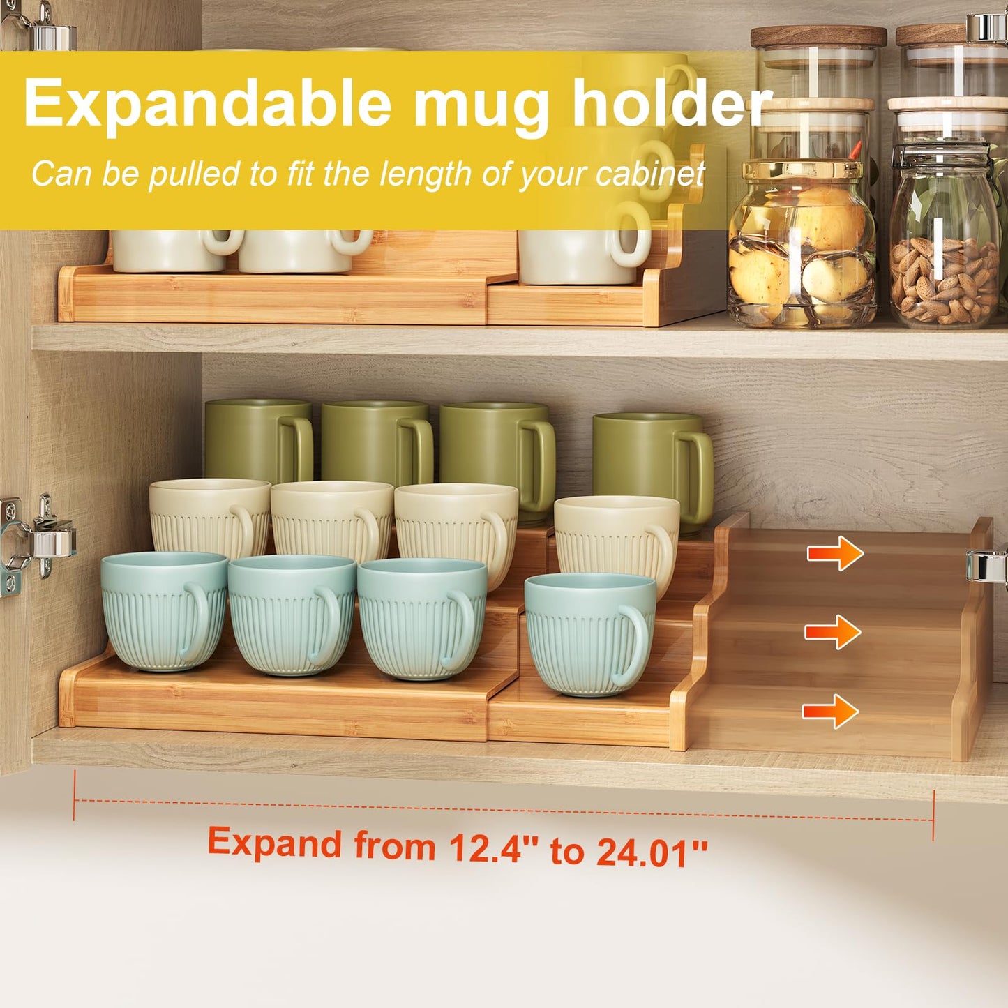 Hongtamoya 3-Tier Expandable Bamboo Mug Holder For Countertop Coffee Cup Holder Display Mug Organizer Mug Rack for Coffee Bar Organizer Mug Shelf for Cabinet for Kitchen, Home