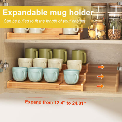 Hongtamoya 3-Tier Expandable Bamboo Mug Holder For Countertop Coffee Cup Holder Display Mug Organizer Mug Rack for Coffee Bar Organizer Mug Shelf for Cabinet for Kitchen, Home
