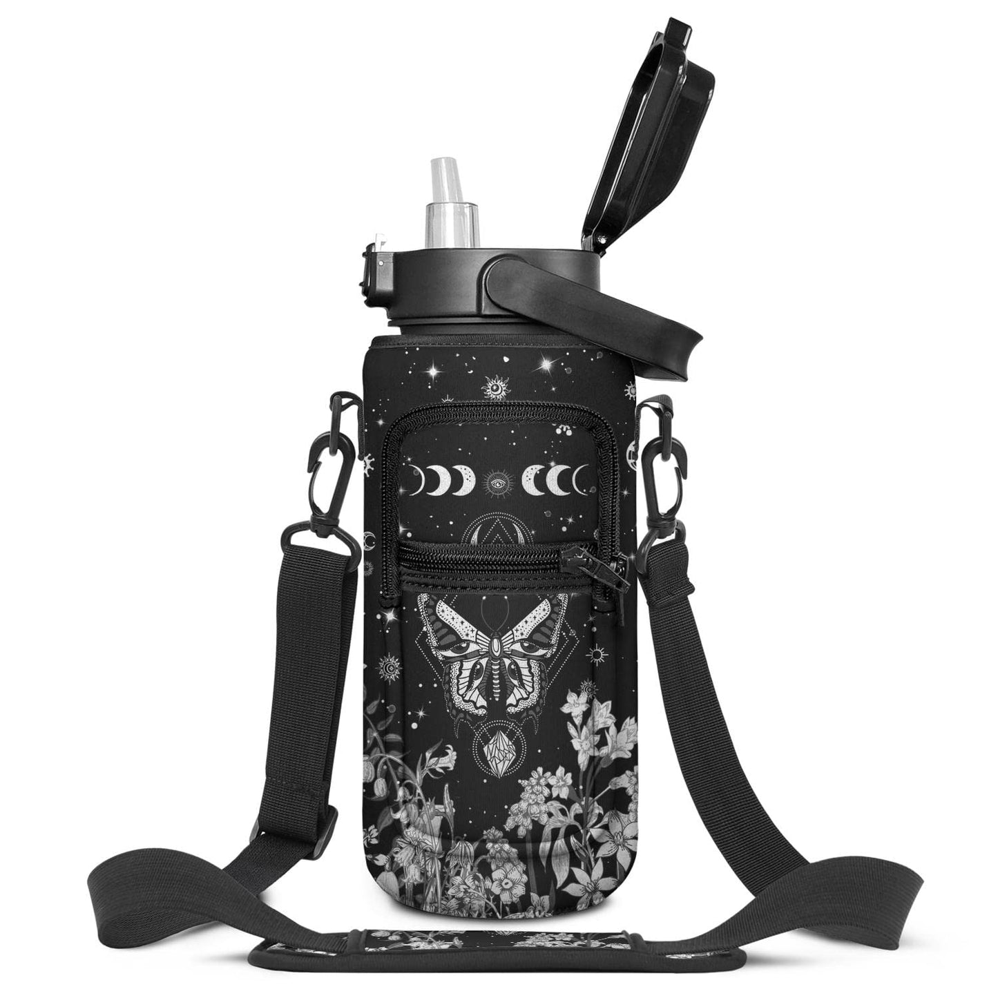 Baiheyi Goth Moon 64 oz Water Bottle with Sleeve - BPA-Free, Leakproof, Time Marker & Flip Top Lid - Motivational for Halloween Spooky Gifts for Women (Christmas, Birthday)