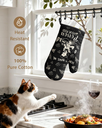 Slohif Funny Oven Mitts and Pot Holder for Women - Heat Resistant Black Cute Novelty Kitchen Oven Mittens 100% Cotton, Non-Slip Silicone Surface Pot Holder for Baking and Cooking Accessories