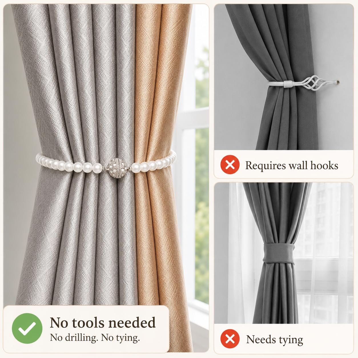 Pearl Bow Magnetic Curtain Tiebacks 2 Pack, No Drill Curtain Holdbacks with Strong Magnets, Decorative Pearl Curtain Holders for Living Room Bedroom Home Decor