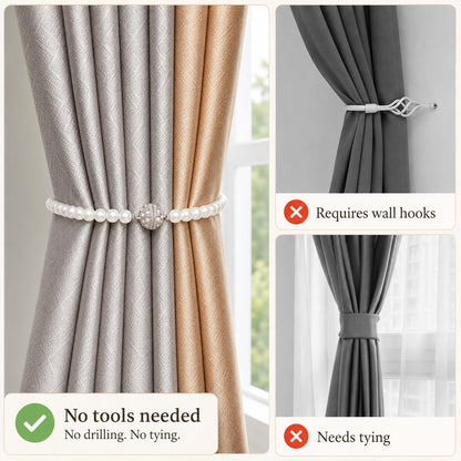 Pearl Bow Magnetic Curtain Tiebacks 2 Pack, No Drill Curtain Holdbacks with Strong Magnets, Decorative Pearl Curtain Holders for Living Room Bedroom Home Decor