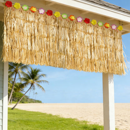 2 Pack Hawaiian Grass Table Skirt 108" x 29.5", Laua Party Decorations Grass Skirt for Table with Flowers, Hawaiian Party Decor for Luau Birthday Beach Tropical Summer Party Supplies