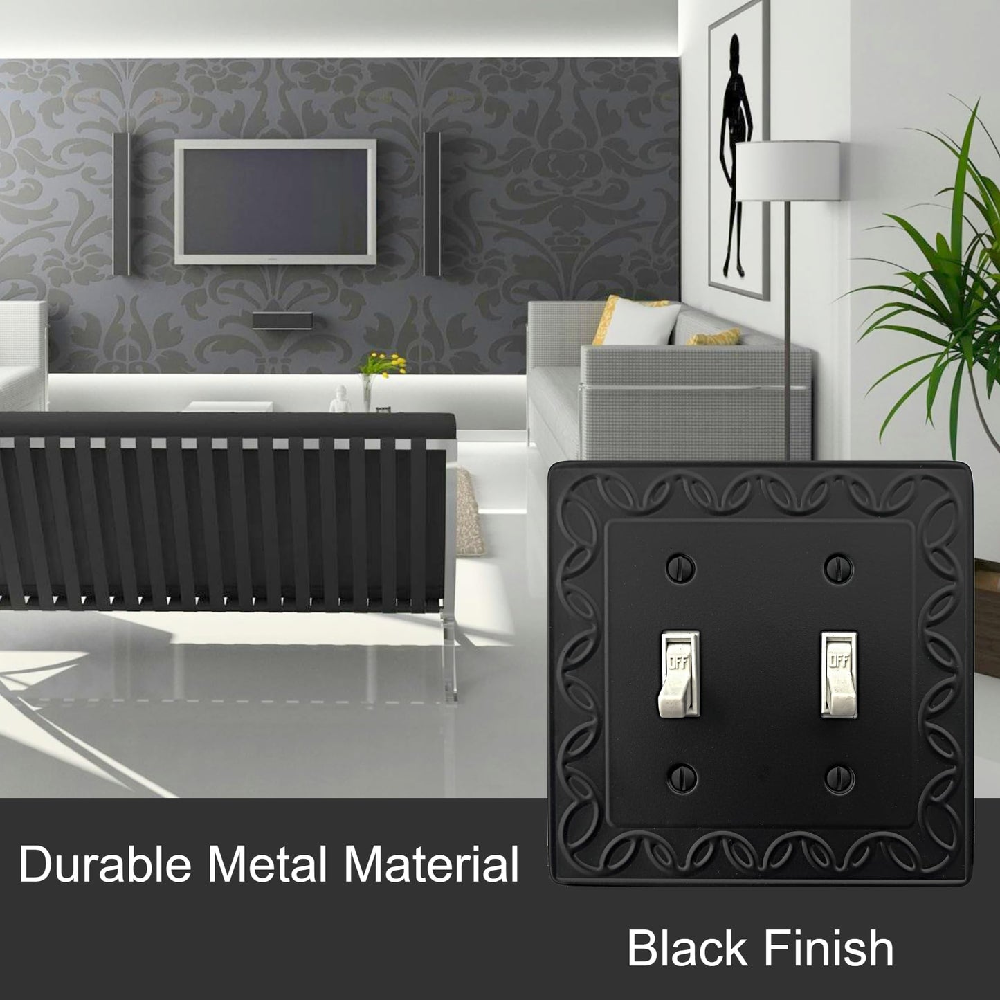 OKAWYC Double Toggle Light Switch Cover NovaBloom Metal Wall Plate, 2-Pack Black 2 Gang, Light Switch Cover Decorative Wallplate, Durable