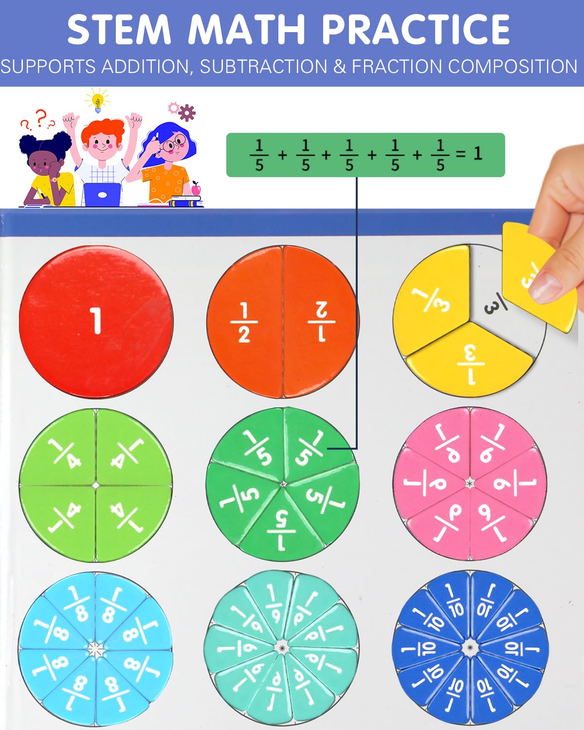 Magnetic Fraction Demonstration Book, Magnetic Fraction Tiles & Circles Educational Puzzle Set, Montessori Fraction Playbook for Kids, Math Manipulatives for Elementary School