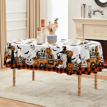 Horaldaily Halloween Tablecloth 60×84 Inch Oval, Buffalo Plaid Jack-O-Lantern Pumpkin Bats Ghost Truck Washable Table Cover for Party Picnic Dinner Decor