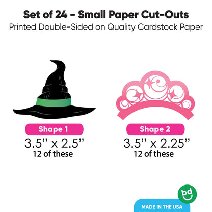Big Dot of Happiness Witch Small Paper Cutouts, DIY Good Pink and Green Birthday or Witch Halloween Party Decor Craft for Girls, Green Witch Hat & Pink Crown Shaped Cut-Outs - 24 Ct