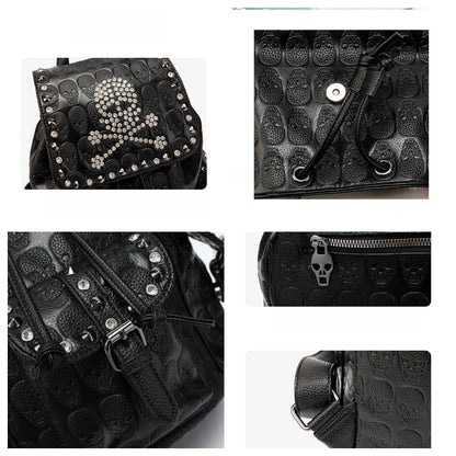 SandraWang ‌Gothic Skull Studded Backpack for Women & Men, Structured PU Leather Punk Bookbag with Drawstring Flap, A4 & Tablet Friendly Alternative Fashion Design