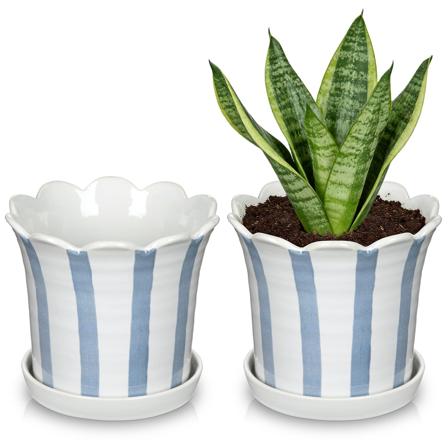 Nature Crafted Ceramic Plant Pots, 5.8 Inch Planter Pot with Drainage Hole and Sauser, Stripe Ceramic Planters with Floral Edge for Indoor Succulent Flower Orchid Plants Home Room, Blue