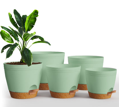 Utopia Home Self Watering Pots for Indoor Plants, Planters for Indoor Plants, Multi-Size Flowerpot, Set of 5 Plant Pots with Drainage & Reservoir, 6.8"/6.4"/5.9"/5.5"/4.9" (Olive Green)