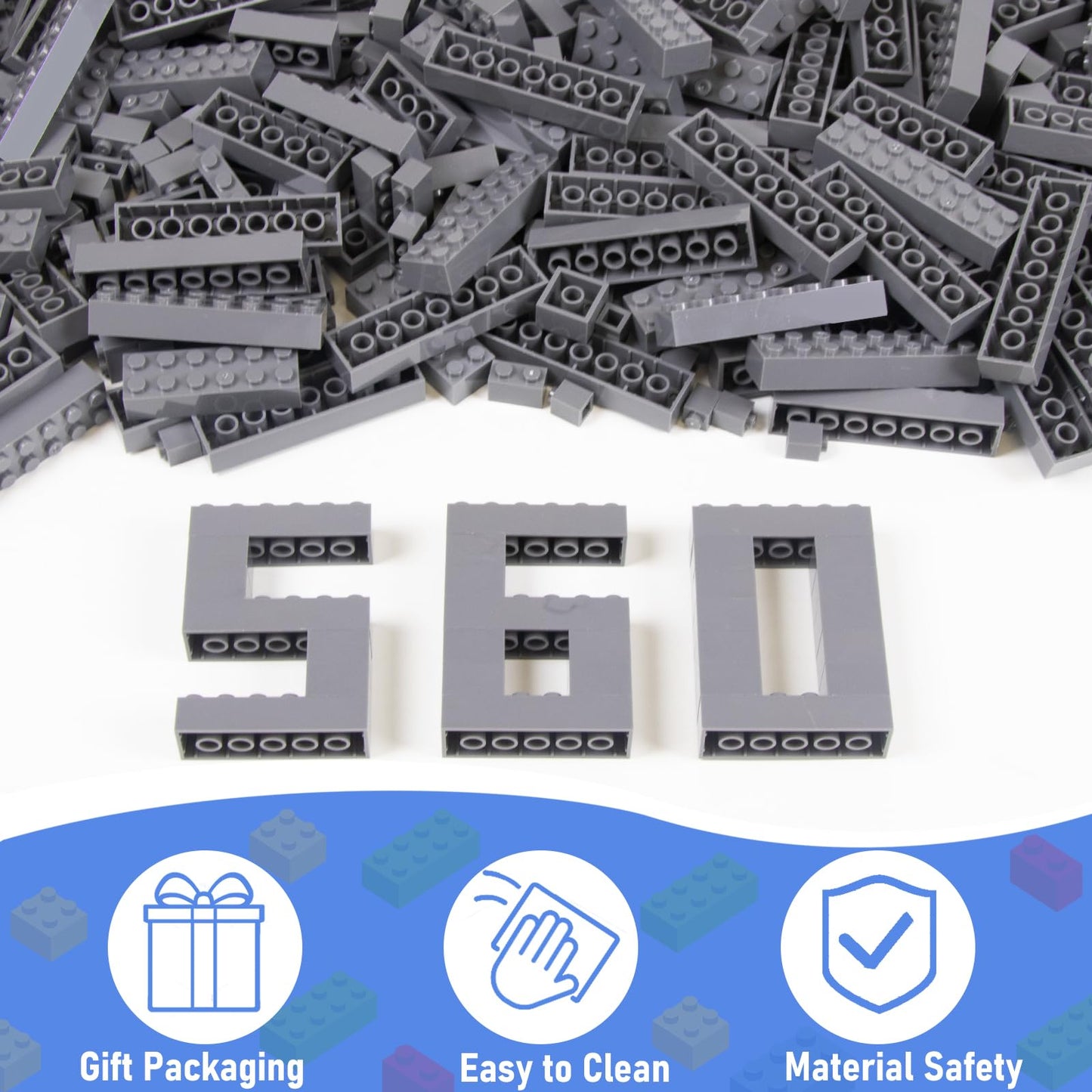 Cabeeskii 560 Pieces Dark Grey Classic Building Blocks Bulk with 2 Base Plates, Building Bricks in 7 Size, Compatible with All Major Bricks, for Kids & MOC Lovers
