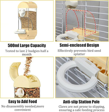 Automatic Bird Feeder Waterer Kit Bird Cage Hanging Waterer Parakeet Leak-Proof Feeder Parrot Vegetable Clips Cage Accessories for Budgies Lovebirds Finches Canaries Parrotlets Conures (Yellow)