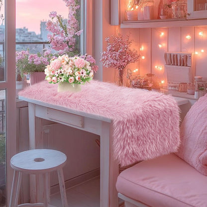 tiosggd Pink Table Runner 12x36 inch, Soft Fluffy Faux Fur Dresser Scarf for Bedroom, Coffee Table, Small Nightstand Cover, Pastel Pink Home Decor for Spring, Birthday, Wedding, Bridal Shower Party