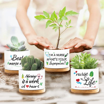 emzrivo 4 Pcs Thank You Gifts Nurse Appreciation Gifts Funny Ceramic Succulent Plant Pot for Nurse Week Graduation Season Gift, Plants Not Included