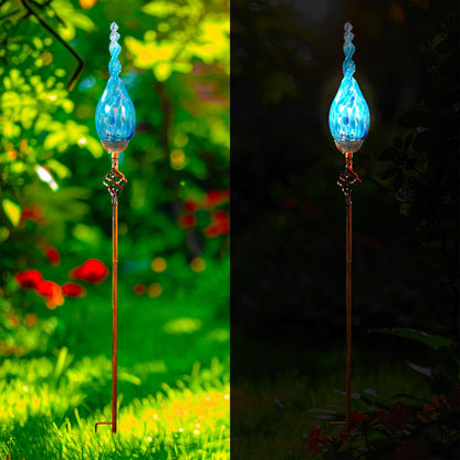 Naboher Solar Garden Lights Outdoor, Decorative LED Flame Garden Stakes, Hand Blown Glass and Outdoor Waterproof Glass Stakes (Light Blue)