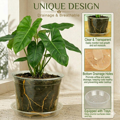 THEIFOXONE 4 Sets 8 Inch Large Clear Nursery Pots with Drainage Holes, Thick Reusable Plastic Plant Pots for Indoor Outdoor Plants, Seedlings, Succulents, Transplanting (8 inch)