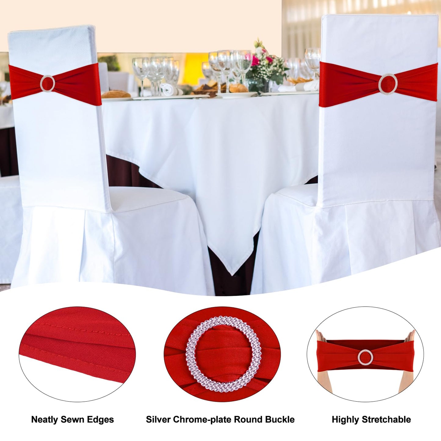 BOUBONI Red Chair Sashes 50 Pack Spandex Stretch Chair Band Sashes with Buckles for Folding Chairs Wedding Party Reception Baby Shower Events Banquet Decorations