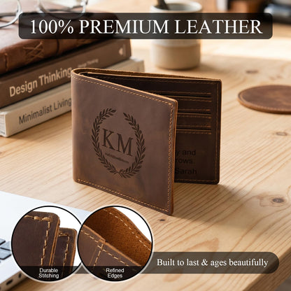 Alomce Personalized Wallet for Men, Custom Engraved Genuine Leather Wallets with Name Initials Pattern – Slim Bifold with 6 Card Slots, 2 Side Pockets & Cash Layer – Ideal Gift for Him Husband Dad