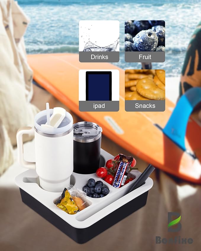 Couch Cup Holder Tray, Bonfixe Stable Couch Caddy for Bed and Sofa, Upgraded Capacity Health-Friendly Silicone Anti-Spill Drink Holder Organizer for Snacks Beverage (Black-White)