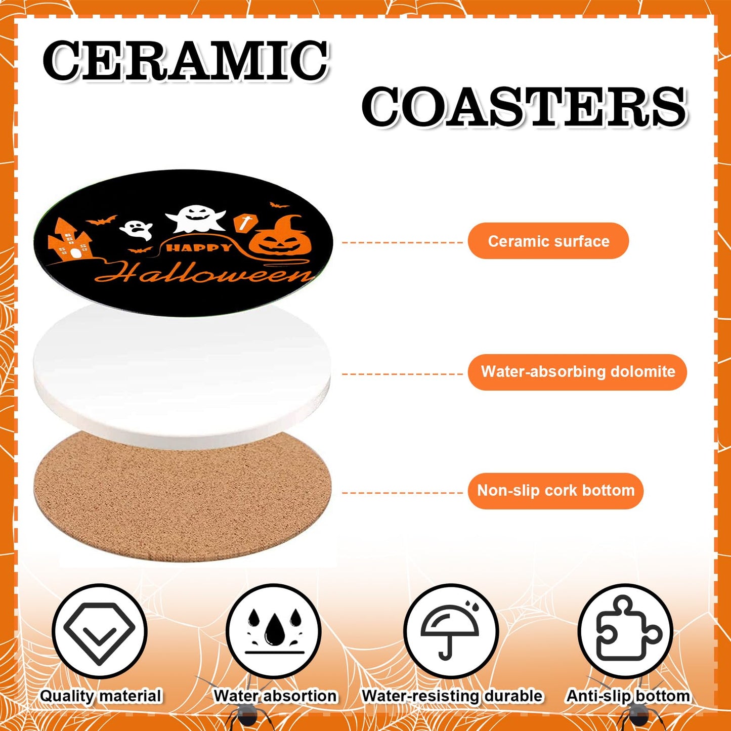 JarThenaAMCS 4Pcs Halloween Coasters Orange Black Round Ceramic Coaster Trick or Treat Heat-Resistant Cup Mats for Wooden Table Protection Home Party Supplies