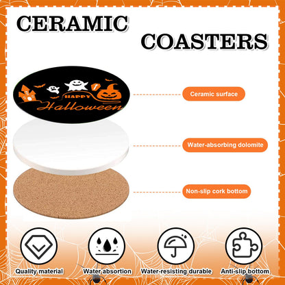 JarThenaAMCS 4Pcs Halloween Coasters Orange Black Round Ceramic Coaster Trick or Treat Heat-Resistant Cup Mats for Wooden Table Protection Home Party Supplies