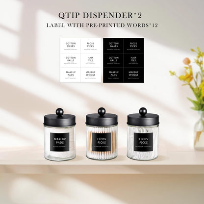 SheeChung 2-Pack Qtip Holder Dispenser - Glass Apothecary Jars with Rust-Proof Stainless Steel Lids - Modern Farmhouse Bathroom Vanity Organizer for Cotton Swabs, Balls, Pads(Black)