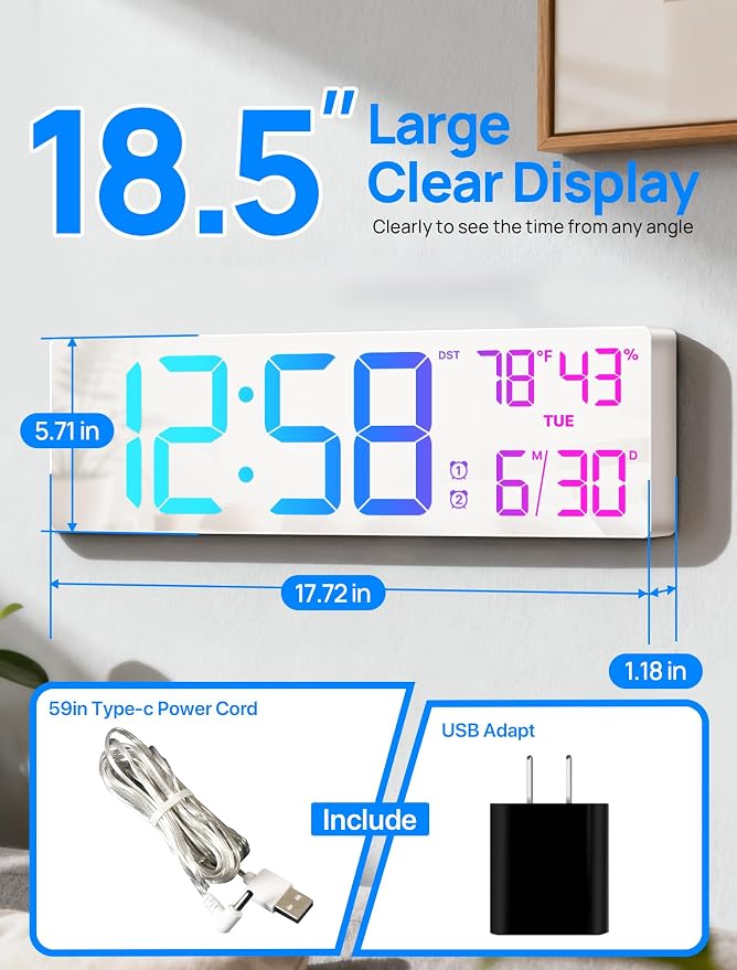 18.5" Large Digital Wall Clock with Remote Control, Big LED Display Digital Clocks with Night Light, Alarm, DST, Temp, Date for Living Room, Bedroom, Office, Classroom, Gifts for Seniors(White)